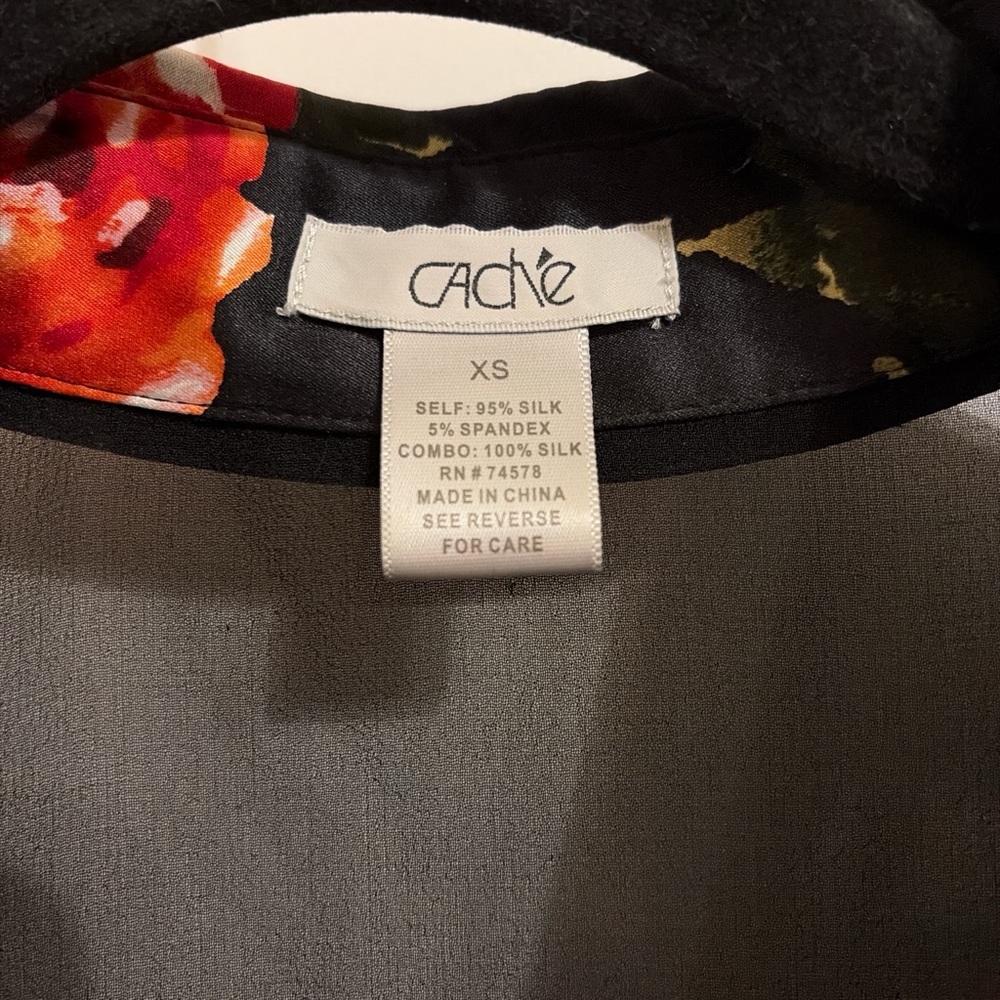 Cache Silk Black Sheer Blouse with Red Floral Design - Picture 2 of 5